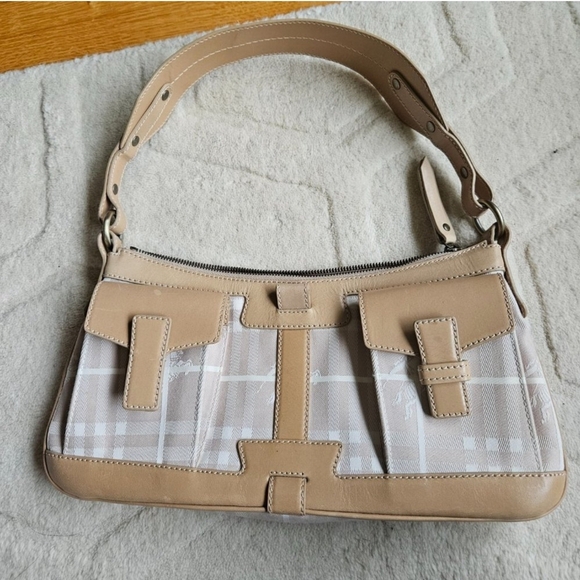 SOLD Burberry Y2K Baguette Shoulder Bag Pink Plaid Canvas Leather - Picture 2 of 9